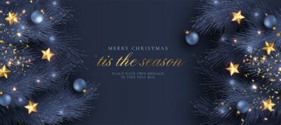 Free Vector | Christmas greeting card with blue and golden realistic decoration