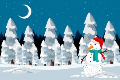 Free Vector | Christmas snowman in the snow at night scene
