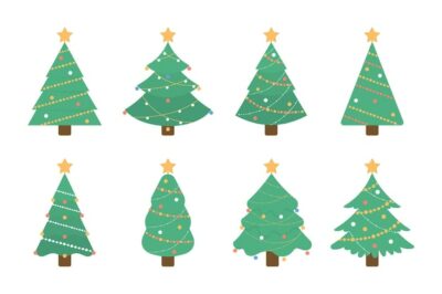 Free Vector | Christmas tree set isolated green tree illustartion with decorative toys and stars on white background