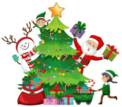 Free Vector | Christmas tree with santa claus and elves