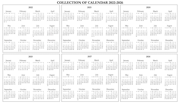 Free Vector | Collection of calendar black and white 2022-2026