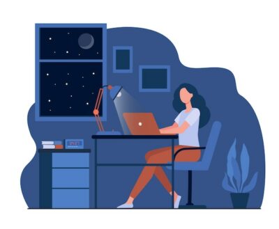 Free Vector | Female designer working late in room flat illustration. cartoon student using laptop computer at night and sitting at desk
