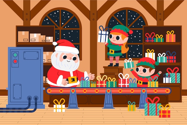 Free Vector | Flat christmas santa workshop illustration