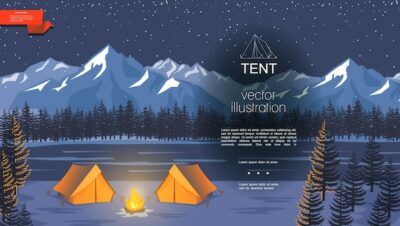 Free Vector | Flat night camping  with bonfire near tourist tents on river forest and mountains landscape
