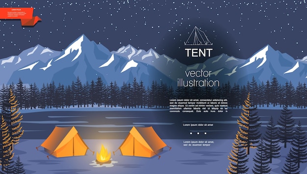 Free Vector | Flat night camping  with bonfire near tourist tents on river forest and mountains landscape