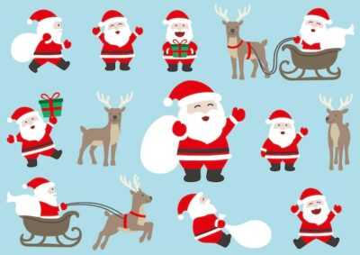 Free Vector | Funny cartoonish santa claus and reindeer set vector flat illustration isolated on a blue background