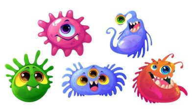 Free Vector | Germs, viruses and bacteria cartoon characters with cute funny faces. smiling pathogen microbes or monsters with big eyes, colorful cells with teeth and tongues isolated vector illustration, icons set