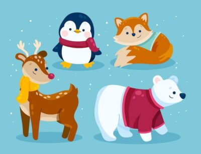 Free Vector | Hand drawn flat winter animals collection