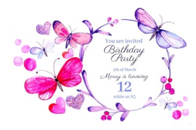 Free Vector | Hand painted watercolor butterfly birthday invitation template