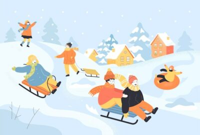 Free Vector | Happy cartoon kids sliding down hill on sleds. snow falling, children having fun while sledding down slide flat vector illustration. winter activities or holidays, childhood concept for banner