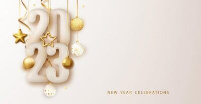 Free Vector | Happy new year 2023 glossy number festive design with christmas decorations balls streamer and garlands