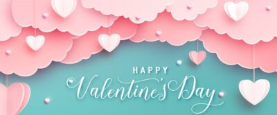 Free Vector | Happy valentines day greeting banner in papercut realistic style. paper hearts, clouds and pearls on string. calligraphy text