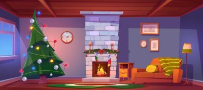 Free Vector | Home room at christmas night, empty interior with burning fireplace, candles, gift socks, decorated fir tree with garlands and cozy sofa with pillow and plaid. xmas eve cartoon vector illustration