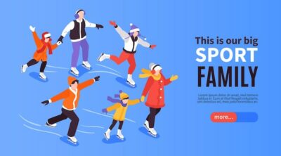 Free Vector | Isometric generation family horizontal banner with parents and kids skating on ice with button and text