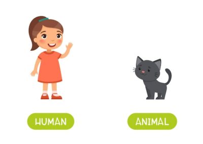 Free Vector | Little girl and cute black kitten. human and animal antonyms word card, opposites concept.
