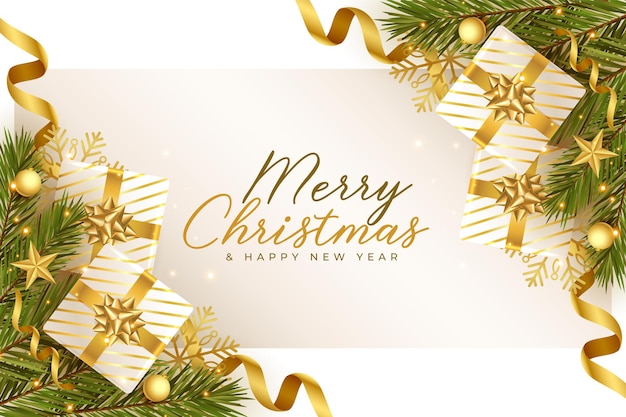 Free Vector | Lovely merry christmas golden and white realistic greeting design