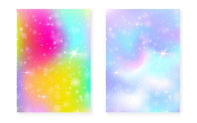 Free Vector | Magic background with princess rainbow gradient kawaii unicorn hologram holographic fairy set fluorescent fantasy cover magic background with sparkles and stars for cute girl party invitation
