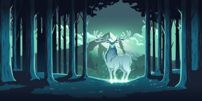 Free Vector | Magic deer in night forest, mystical stag with glowing eyes and body, soul of nature, wood protector, totemic animal at trees and mountain landscape, majestic reindeer, cartoon illustration