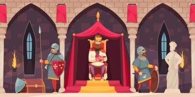 Free Vector | Medieval castle interior flat cartoon composition with king throne armed knight coat of arms guard