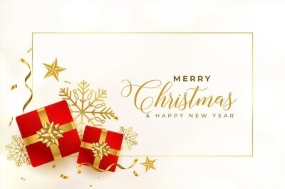 Free Vector | Merry christmas golden and white card with red gift boxes