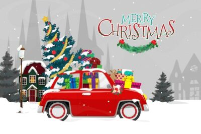 Free Vector | Merry christmas vector illustration retro pickup truck vintage style with christmas tree