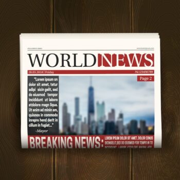 Free Vector | Newspaper front page design poster with world breaking news headlines on dark wood background realistic