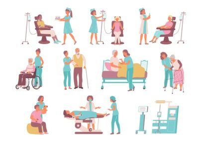 Free Vector | Nurse flat icon set with care for the sick and elderly help with medical procedures vector illustration