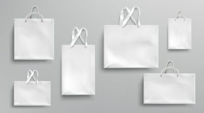 Free Vector | Paper shopping bags mockup, white packages with rope and lace handles, blank rectangular ecological gift packs, isolated mock up for branding and corporate identity design, realistic 3d set