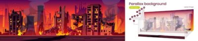 Free Vector | Parallax background city in fire, war destroy, abandoned burning broken buildings with smoke and flame. 2d cartoon cityscape game scene separated on layers, apocalypse ui animation vector illustration
