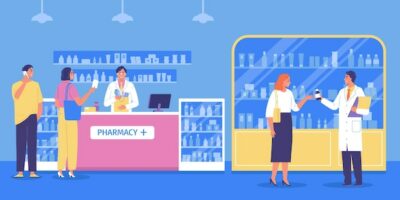 Free Vector | Pharmacy interior flat background with visitors pharmacist and staff in white coats consulting people vector illustration