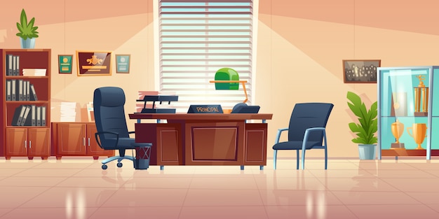 Free Vector | Principals office in school with desk, chairs, bookcase and showcase with sport trophies. cartoon empty interior of headmaster cabinet for meeting and talking with teachers, pupils and parents