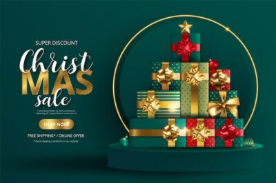 Free Vector | Realistic christmas sale background with ornaments and podium