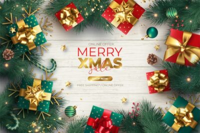 Free Vector | Realistic christmas sale banner with ornaments and presents