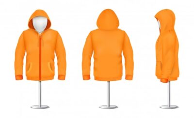 Free Vector | Realistic orange hoodie with zipper on mannequin and metal pole, casual unisex model