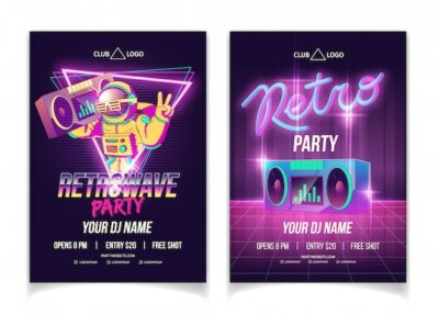 Free Vector | Retrowave music party in nightclub cartoon  ad poster, flyer or poster template in neon colors