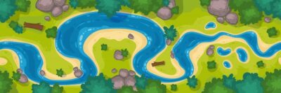 Free Vector | River top view, cartoon curve riverbed with blue water, coastline with rocks, trees and green grass