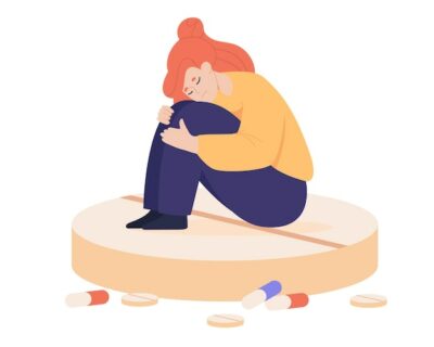 Free Vector | Sad woman sitting on huge pill flat vector illustration. depressed girl taking hormonal medications, drugs or antidepressant, having mental disorder, psychological problems. anxiety, depression concep