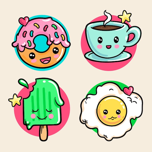 Free Vector | Set of colorful kawaii food