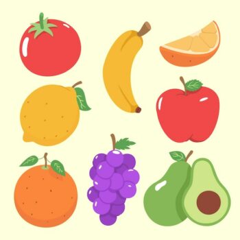 Free Vector | Set of fruits and berries with banana grapes apple and others drawing isolated on white background flat vector illustration
