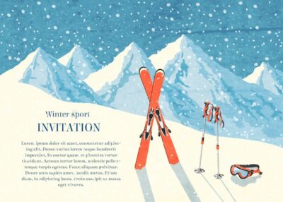 Free Vector | Ski winter mountain landscape retro invitation card frame