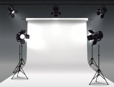 Free Vector | Spotlights realistic composition with cyclorama and studio spot lights hanging on reel and mounted on stands