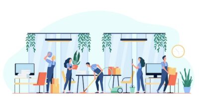 Free Vector | Team of professional janitors cleaning office. vector illustration for cleaners job, cleaning service, hygiene at work concept