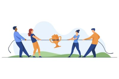 Free Vector | Teams competing for prize. people playing tug-of-war, pulling rope with golden cup flat vector illustration. competition, contest concept