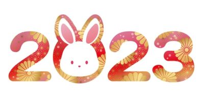 Free Vector | The year 2023 year of the rabbit logo decorated with japanese vintage patterns and a rabbit face