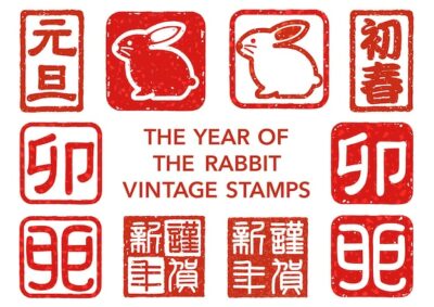 Free Vector | The year of the rabbit japanese greeting stamp set text translation happy new year the rabbit