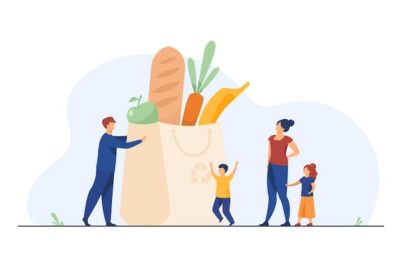 Free Vector | Tiny family at grocery bag with healthy food. parents, kids, fresh vegetables flat illustration