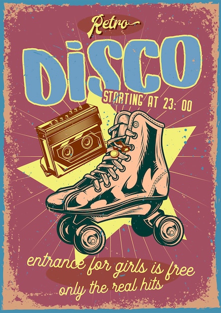 Free Vector | Vintage poster with illustration of roller-skates and a cassette