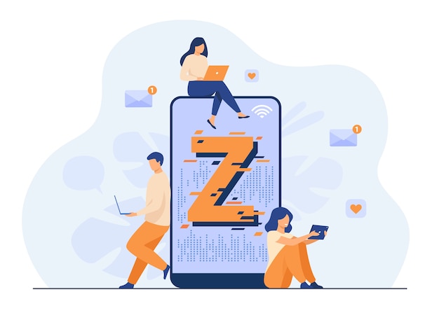 Free Vector | Virtual tiny people messaging in social media flat vector illustration. characters near huge smartphone. modern demography trend with progressive youth gen. z generation and digital technology concept