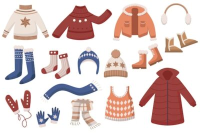 Free Vector | Warm woolen clothes vector illustrations set. cute cartoon doodles with female winter wear, sweaters or jumpers, boots, hats, scarves, gloves and mittens, jacket, coat, socks. seasons, fashion concept