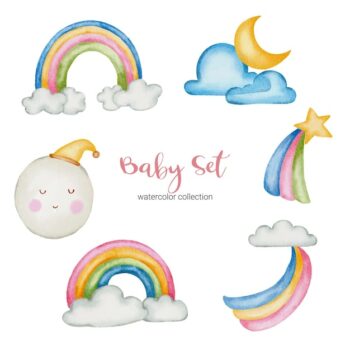 Free Vector | Watercolor baby toy and accessories illustration. baby stuffs set of nature